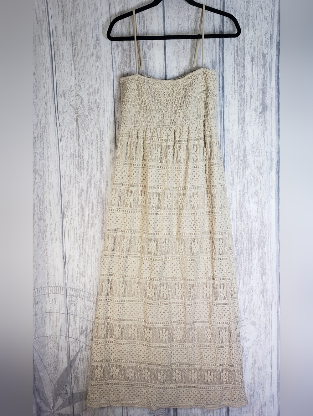 Rue 21 Cream Crochet Lace Boho Maxi Dress Vtg Bandeau Smocked Festival Sz XL 1l